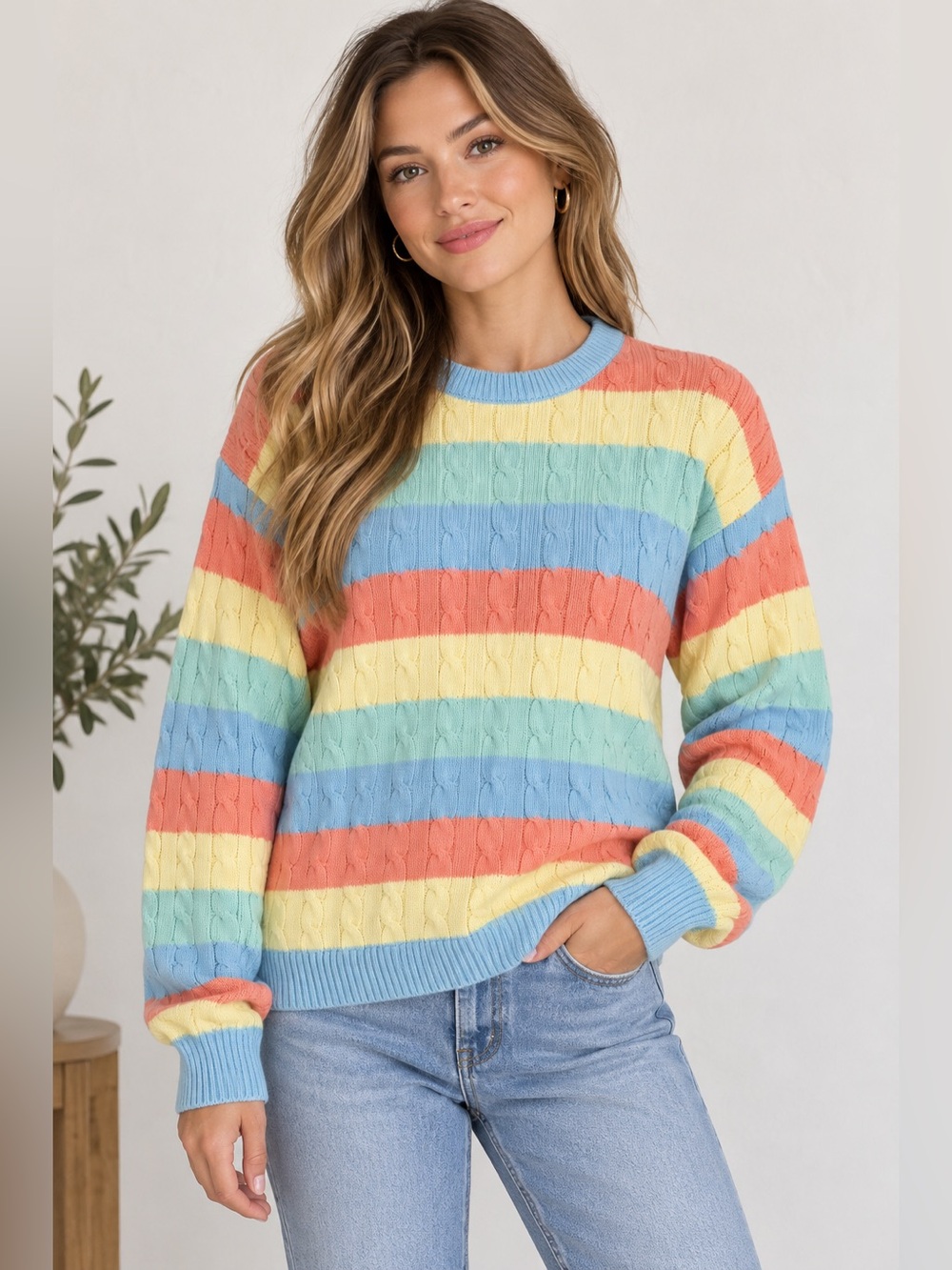Mark Fore & Strike Pastel Striped Cable Knit Cotton Sweater Size L Vintage